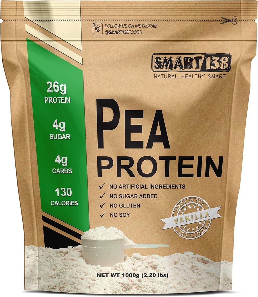 Smart138 Vanilla Pea Proteine, Ultra-Fine Powder, Vegan, Gluten-Free, Soy-Free, Dairy-Free, Non-GMO, SUA/Canada, Keto (Carb scăzut), BCAA naturale (1000g / 2.2lbs, Vanilla)