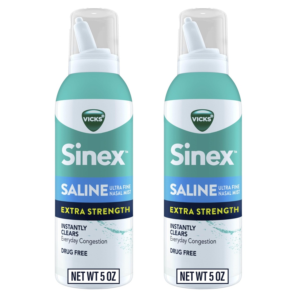 VICKS Sinex Saline extra Putere Spray nazal, 3X concentrat * Drug Free Ultra Fine Mist, Curăță instantaneu Mucus, Ultra concentrat pentru a șterge congestia rapid, sigur pentru utilizare zilnică, 5 OZ x 2