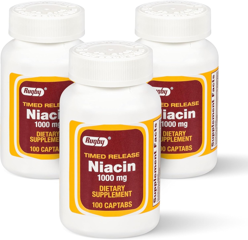 Rugby Timed-Release Niacin 1000 mg Supliment alimentar pentru adulți pentru energie, Circulație și suport metabolic, 100 Captabs (Pachet de 3)