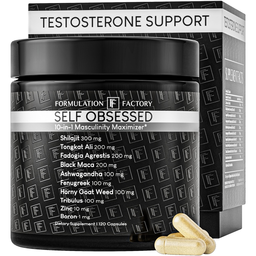 Formulare Fabrica de sine obsedat 10 în 1 Masculinitate Maximizator Supliment, Shilaj pentru bărbați, Tongkat Ali, Ashwaganda, Schinduf musculare de creștere, Energie, Drive, Putere, Recuperare 2 Luna (Pachet de 1)