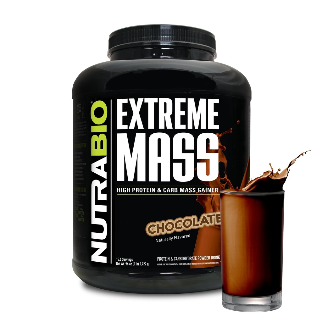 NutraBio Extreme Mass Gainer Proteina pulbere, 53G Proteina, Clean Greutate Gainer, Creșterea masei musculare, Spectrum complet Amino Acid - Ciocolată, 6 Lire