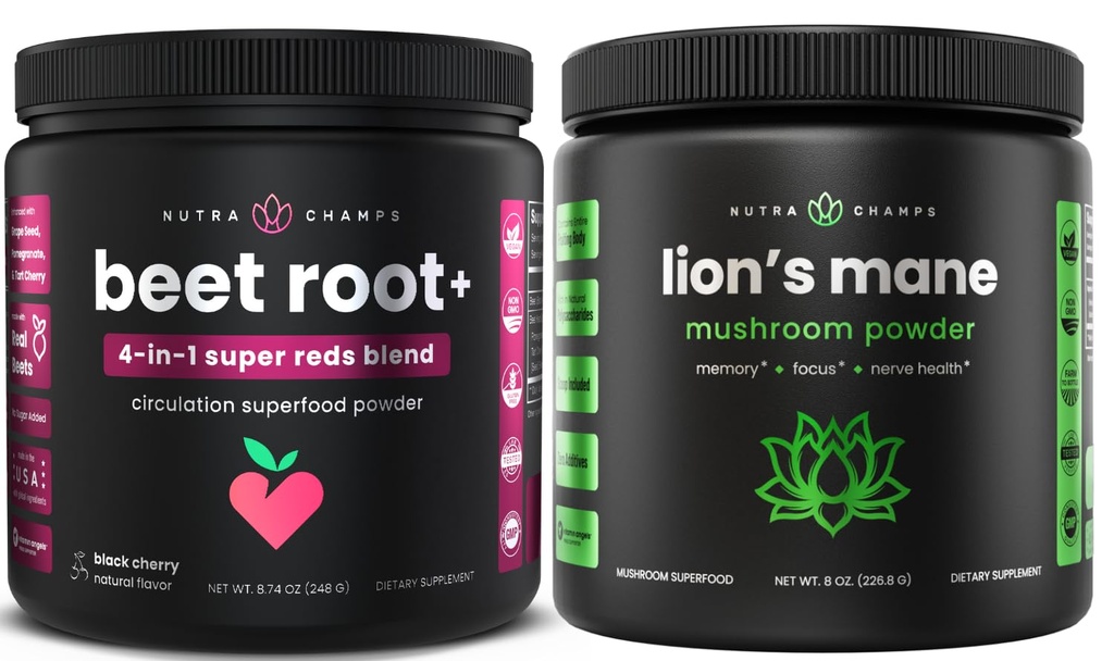 NutraChamps Beet Root Powder & Lion's Mane Powder. Circulaţie puternică şi amestec de Adaptogen