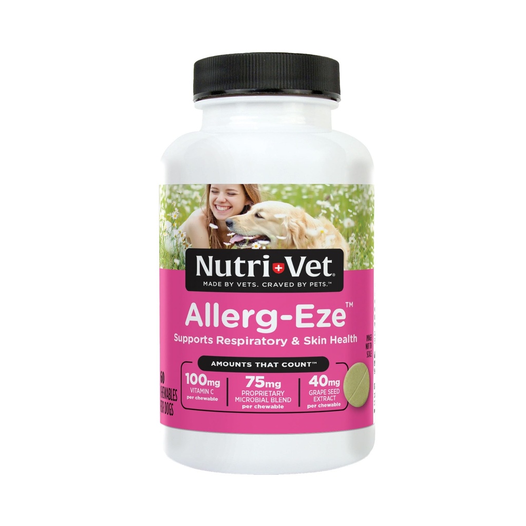 Nutri-Vet Allerg-Eze Chewables pentru câini, antioxidanti si acidi grasi Omega-3, Supliment de ajutor pentru alergii, Suporturi pentru piele, Haina si sanatate respiratorie, 60 Conte