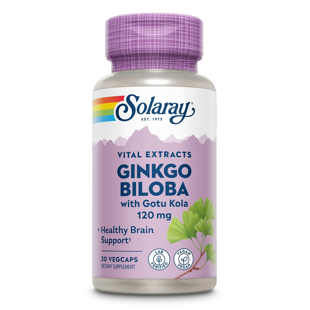 SOLARAY Ginkgo Biloba Extract cu Gotu Kola - Ginko Biloba Capsule pentru suport pentru sanatatea creierului - Vegan, Lab Verified, 60-Day Garantie - 60 Servings, 60 VegCaps (30 VegCaps)