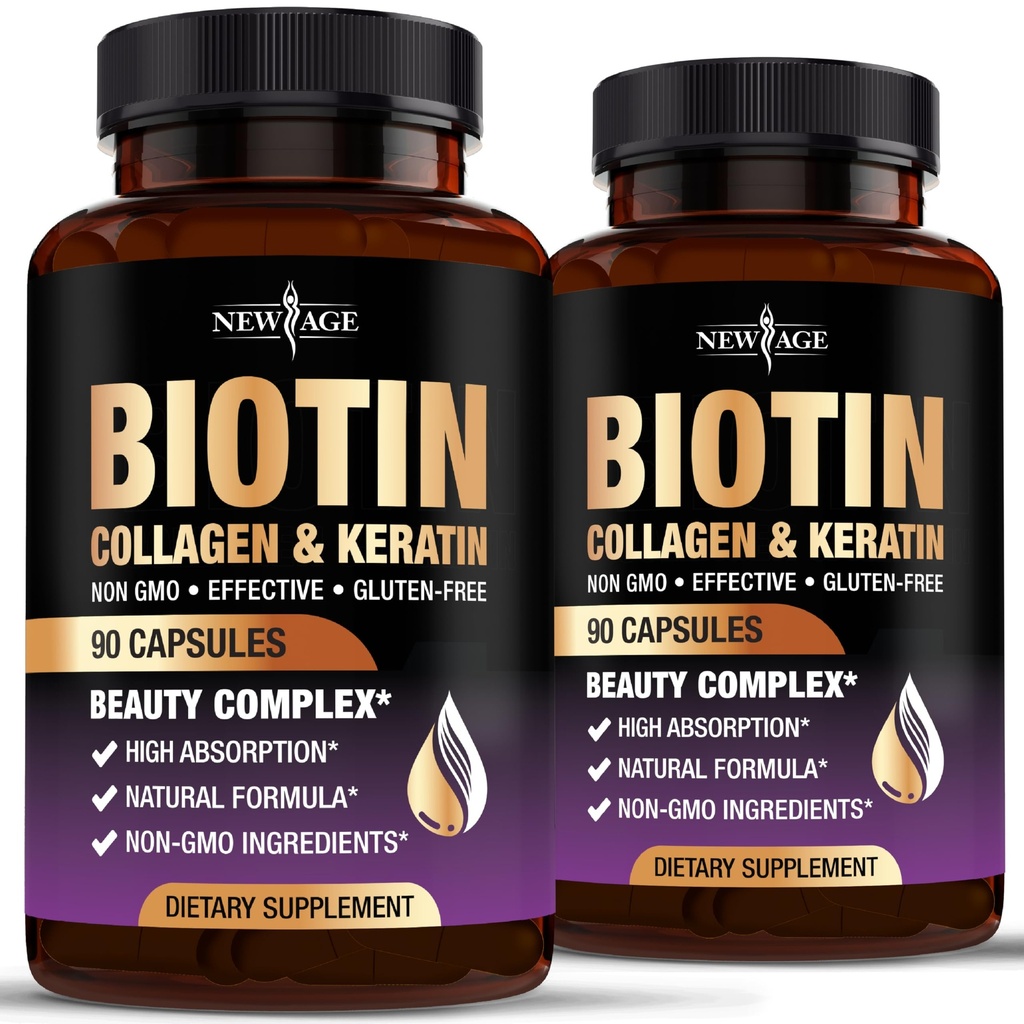 NOU AGE Biotin Colagen Keratin Acid hialuronic - 50.000 mcg Vitamine de crestere a parului pentru barbati si femei, unghii, par, vitamine ale pielii si DHT Blocker cu vitamina E acid folic seminte de dovleac MSM- 180 Număr