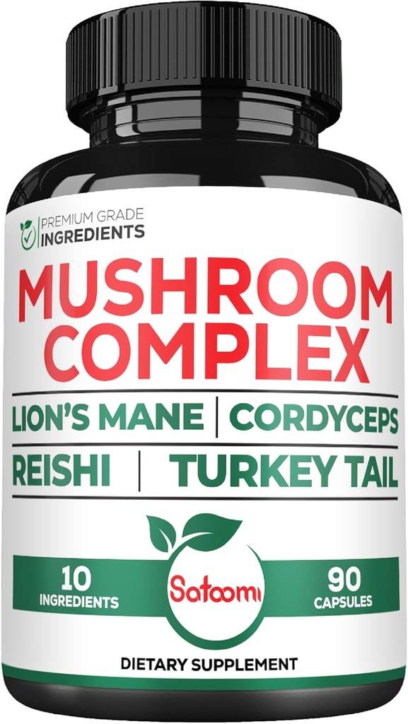 Satoomi 10in1 Lions Mane Supliment Complex - Amestecat cu Cordyceps Sinensis, Reishi Mushroom, Turcia Tail Mushroom & Altele - 90 Conte pentru 3 luni