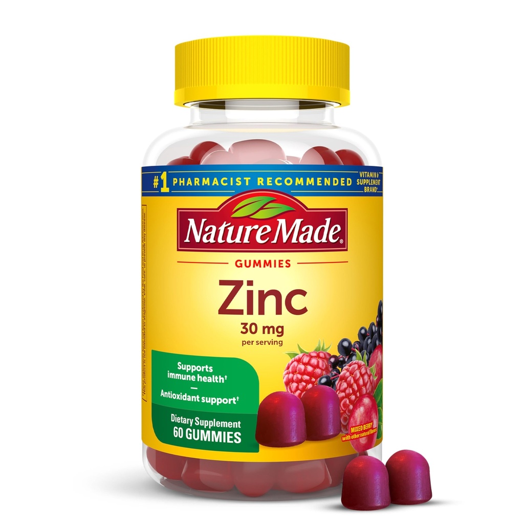 Nature Made Zinc Suplimente 30 mg Per Servire, Supliment alimentar pentru sănătate imună și suport antioxidant, 60 Gume de zinc, 30 zile de aprovizionare