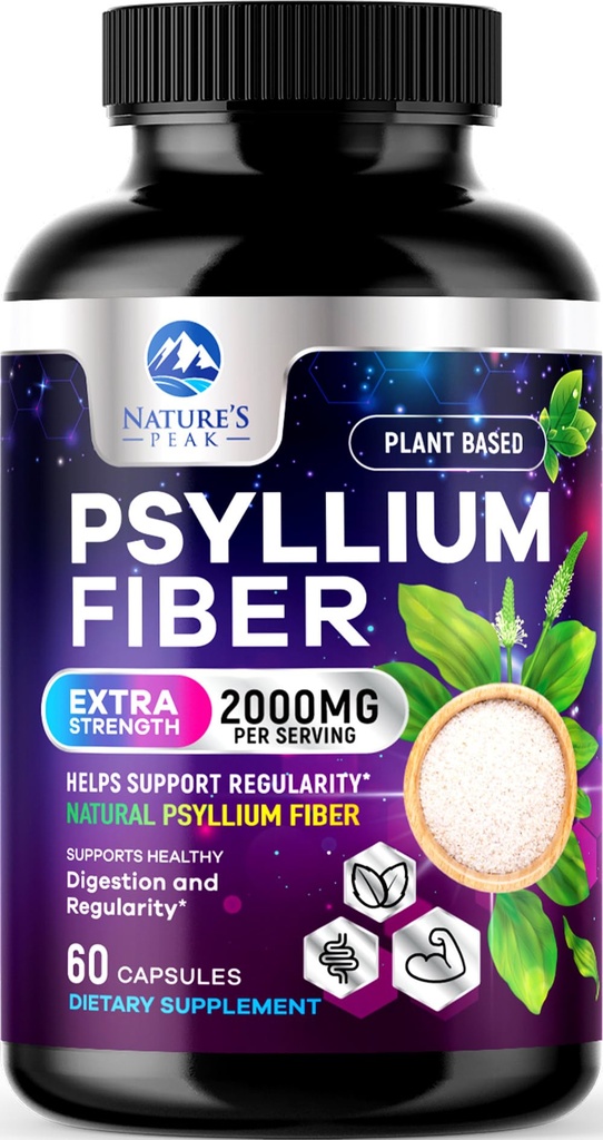 Psyllium Husk Fiber Supplement 1500mg - Vegan Prebiotic, fibre solubile pentru Daily Digestive Health & Regularity Support, Natural Psyllium Powder Caps, Sugar-Free, Non-GMO & Gluten-Free - 60 capsule