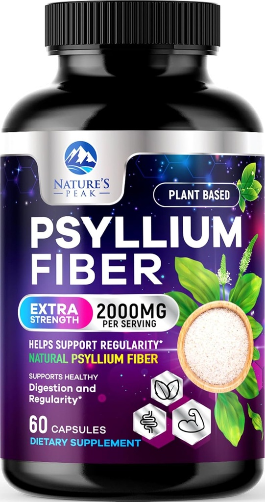Psyllium Husk Fiber Supplement 1500mg - Vegan Prebiotic, fibre solubile pentru Daily Digestive Health & Regularity Support, Natural Psyllium Powder Caps, Sugar-Free, Non-GMO & Gluten-Free - 60 capsule