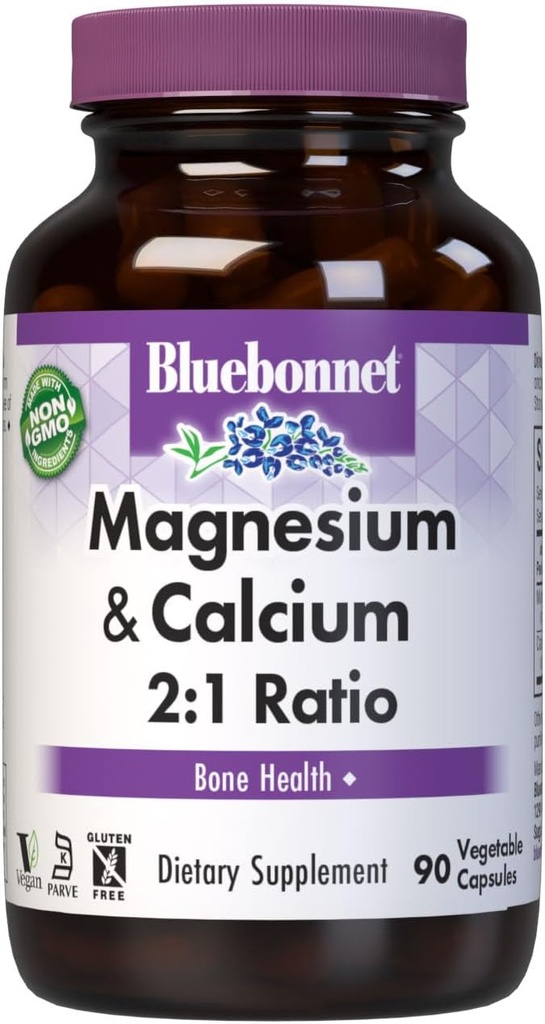 Bluebonnet Nutrition Magneziu & Calciu 2:1 Ratio, Bone Health*, Non-GMO, Vegan, Kosher Certified, Gluten-Free, Soy-Free, Dairy-Free, 90 capsule vegetale, 30 Servings