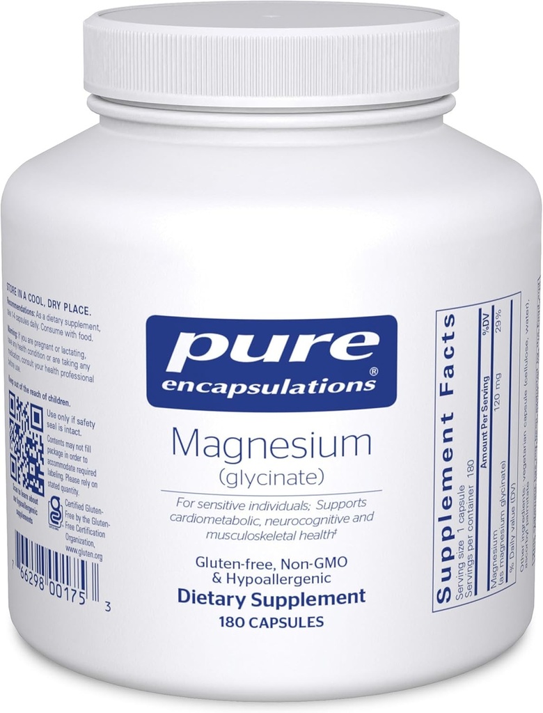 Pure Encapsulations Magneziu (Glicinat) - Supliment pentru a sprijini Stres Relief, Somn, Heart Health, Nervi, Muşchi şi Metabolism * - cu magneziu Glicinat - 180 Capsule