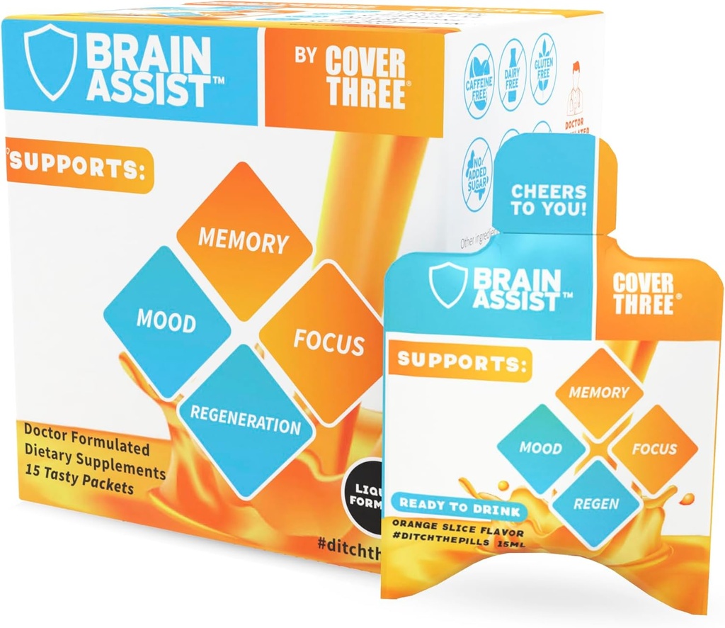 Cover Three Brain Assistant Creier Suplimentul, Nutritional Focus Supliment cu Curcumin, Uridină, Orange Slice Liquid Brain Support Formula, Suplimente de memorie de înaltă performanță