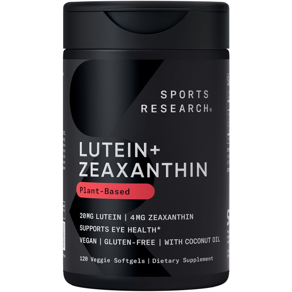 Sports Research® Capsule Lutein şi Zeaxanthin - Supliment de suport pentru sănătatea ochilor Made with Lute-Gen® and Organic Coconut Oil - Vegan Friendly & Non-GMO Verified - 120 Veggie Softgels
