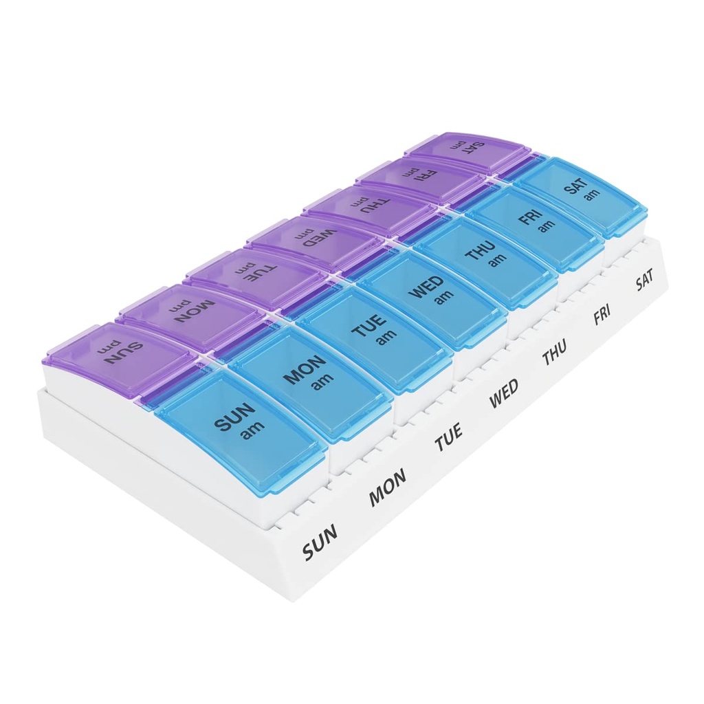 Ezy Doză Weekly (7-Day) AM/PM Pill Organizator, Cutie de vitamine și medicamente, Compartimente mici pop-out, 2 Times pe zi, Albastru și Purple Lids