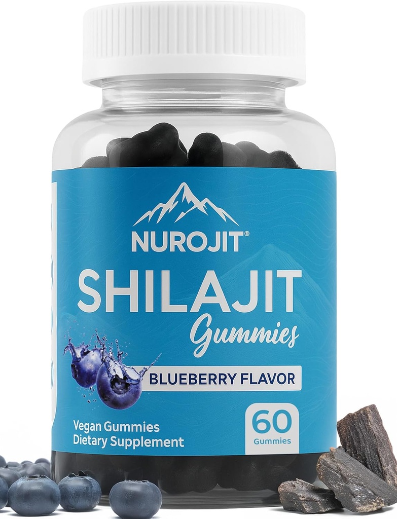 Gumă de mestecat Shilajit, Aroma de afine, Extract de Himalaya, Lab testat, Non-GMO, Gluten Free, Vegany, Mess-Free Alternative la Resin, Simplă adăugare la Daily Routine, 60 Vegan Gummies