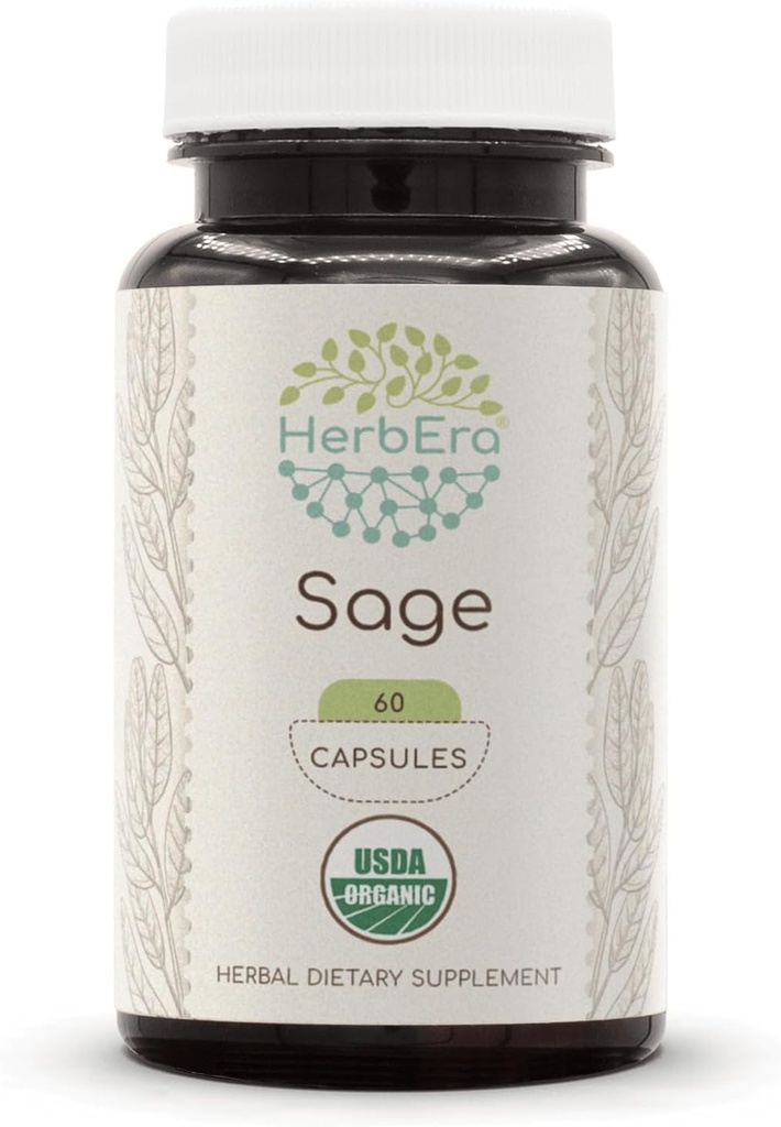 HerbEra Sage 60 Capsule, 500 mg, Sage organic USDA (Salvia officinalis) Leaf uscat (60 capsule)