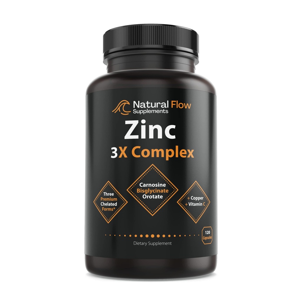 Complex suplimentar de zinc cu cupru și vitamina C - flux natural 3X zinc Carnosine, Bisglicinat Chelat, și Orotat, Cupru Chelated, Ușor pe Stomac, piele și suport imunitar, 120 capsule