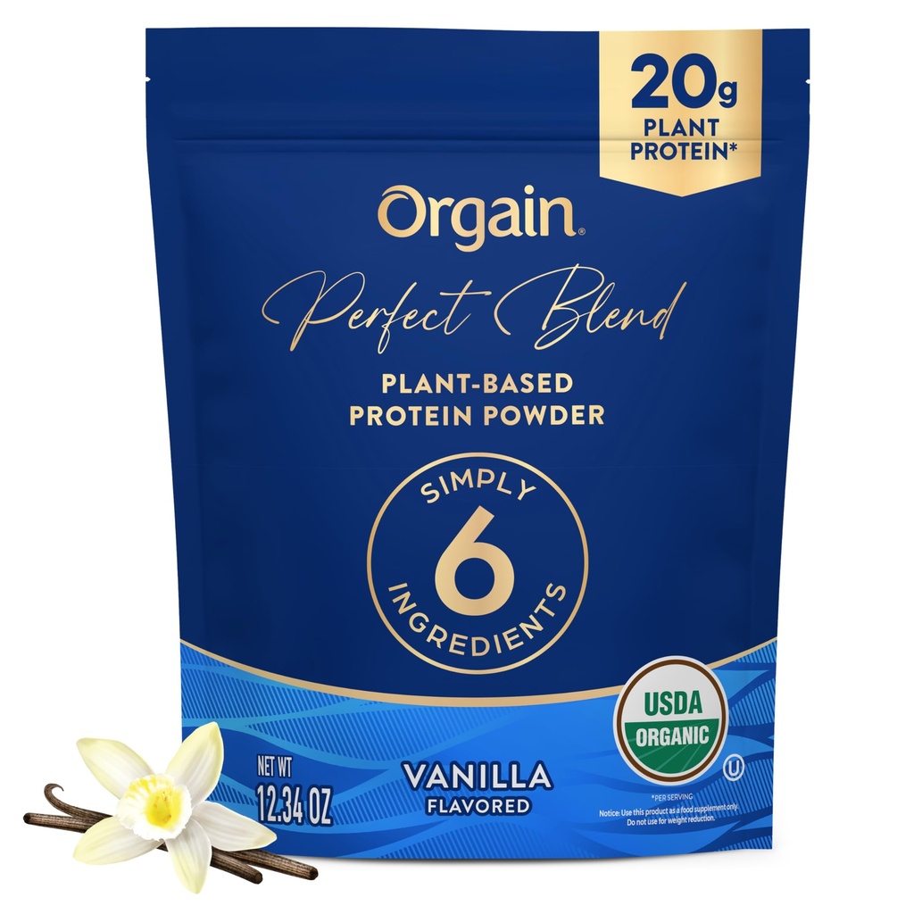 Orgain Organic Vegan Perfect Blend Pulbere de proteine, 20g Proteina plantelor curate, 6 Ingrediente, <1g Zahăr, Gluten gratuit, non-GMO; Fără arome artificiale, extract Stevia, lactate sau soia ingrediente - Vanilie