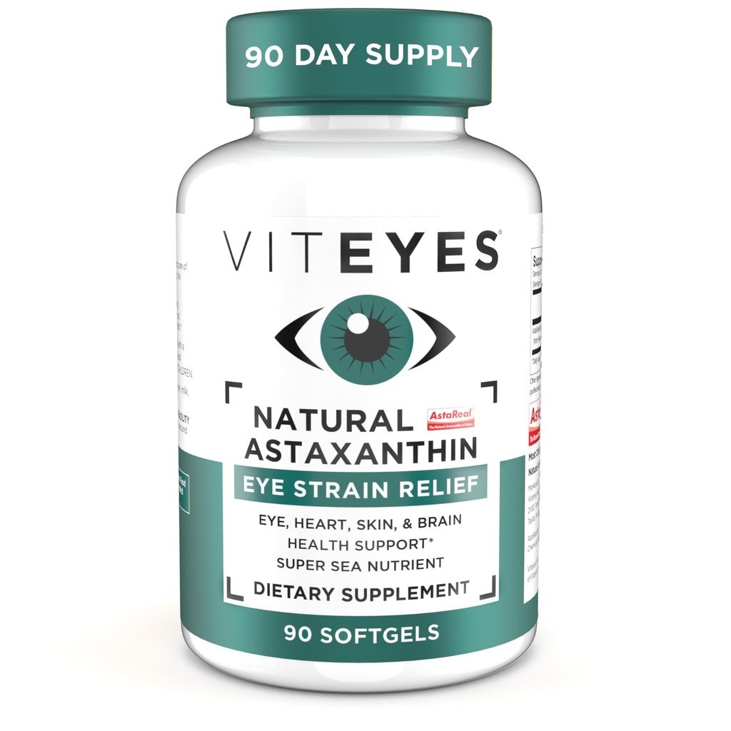 Viteyes Natural Astaxanthin, Relieve Ochi Obosiți și Strain Ochi, Sursat din Algae, Hydration pielii, Inima & Brain Health, 4 la 8 mg Astaxantină Naturală, 90 Softgels