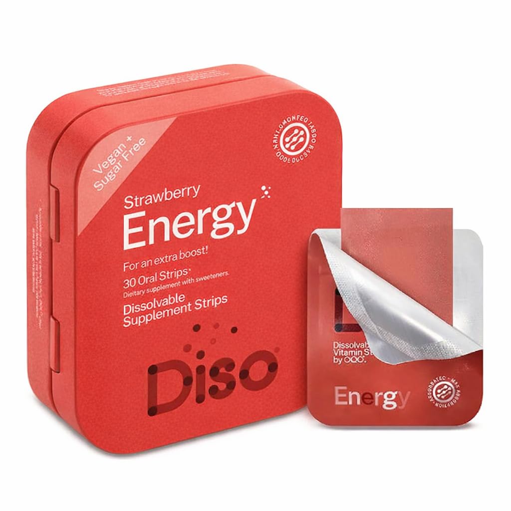 DISO - Energie - Dizolvarea rapidă a benzilor de cofeină cu vitamine, aromă de căpșuni, Vegan, Sugar Free, Absorbție ridicată, Gluten gratuit, individuale înfășurate, 30 benzi dissolvabile