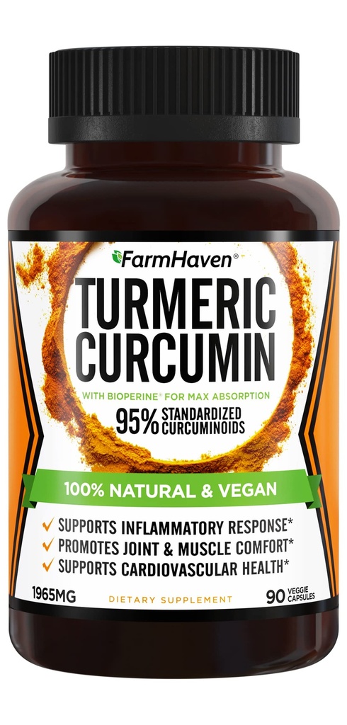 Curcumina turmerica cu Pepper negru BioPerine & 95% Curcuminoide, 1965mg, Absorbtie maxima pentru suport comun, Capsulele turmerice non-GMO, Made in USA - 90 Veg Caps