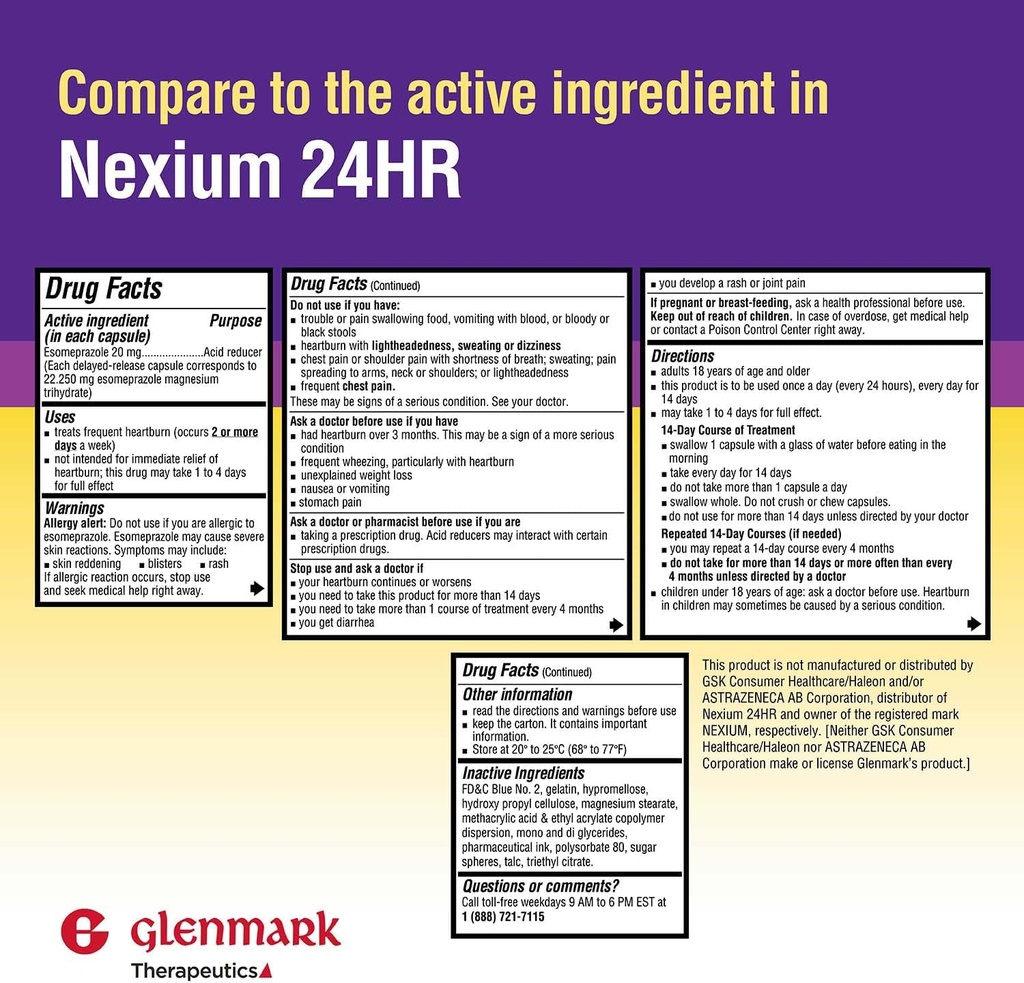 Glenmark Terapeutics Esomeprazol magneziu USP 20 mg, capsule cu eliberare întârziată, tratează frecvent arsuri la stomac, 42 capsule