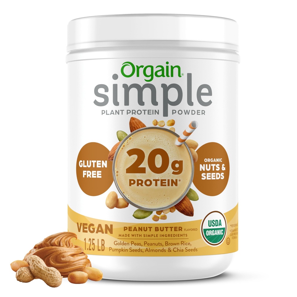 Orgain Organic Simplu Vegan praf de proteine, Unt de arahide - 20g Proteina pe bază de plante, Cu mai puține ingrediente, Fără îndulcitori artificiali, Gluten gratuit, fără lactate sau lactoză, 1.25 lb (Packing May Vary)