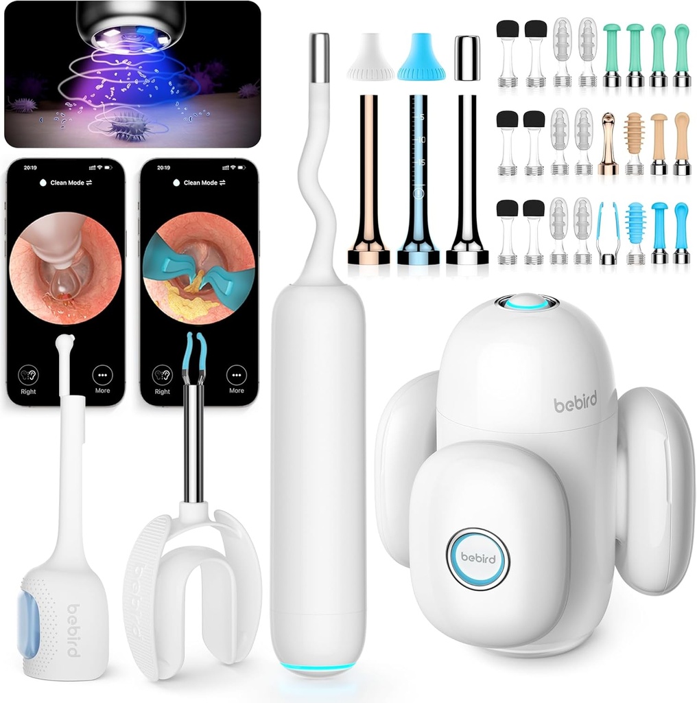 BEBIRD Home 30S Sistem de ingrijire a urechii - Curatare a canalului urechii cu aparat de fotografiat FHD flexibil, UVC LED Light, Dropper pentru urechi vizuale, Pensete pentru îndepărtarea ceara pentru a curăța ureche, 3 set kituri de curățare pentru adulți/copii