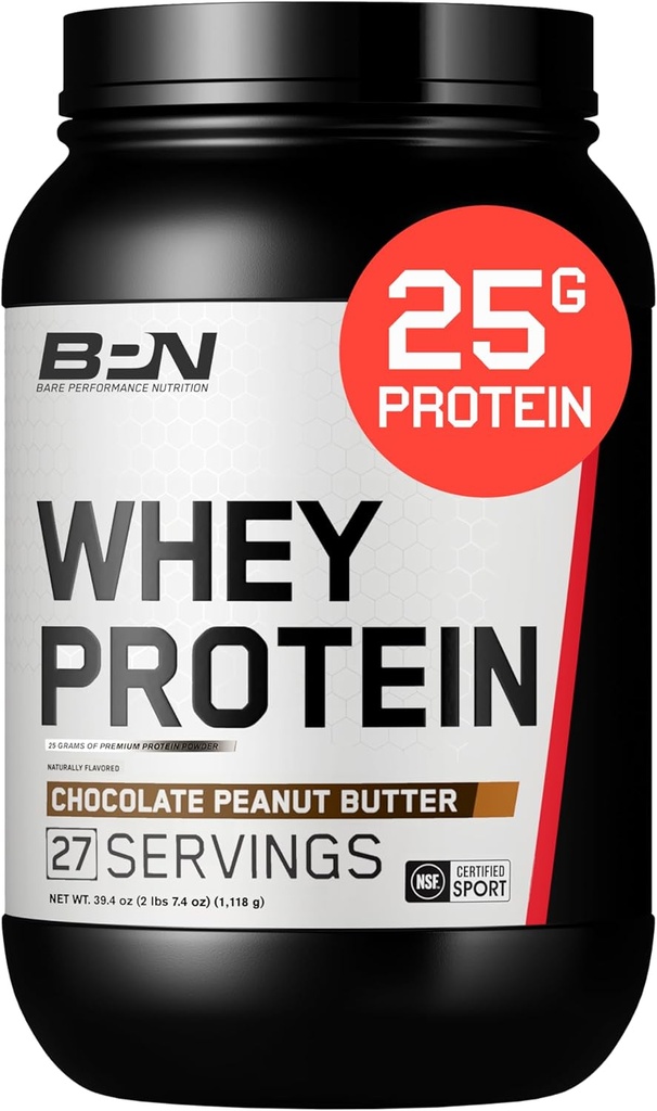 NUTRIŢIE DE PERFORMANŢĂ BARE, BPN Proteină Whey + pudră de proteine de cazeină Blend, Unt de arahide de ciocolată, 25g Proteină per Serving Sprijină Recuperare musculară Lean, 27 Serviri, terţă parte testat
