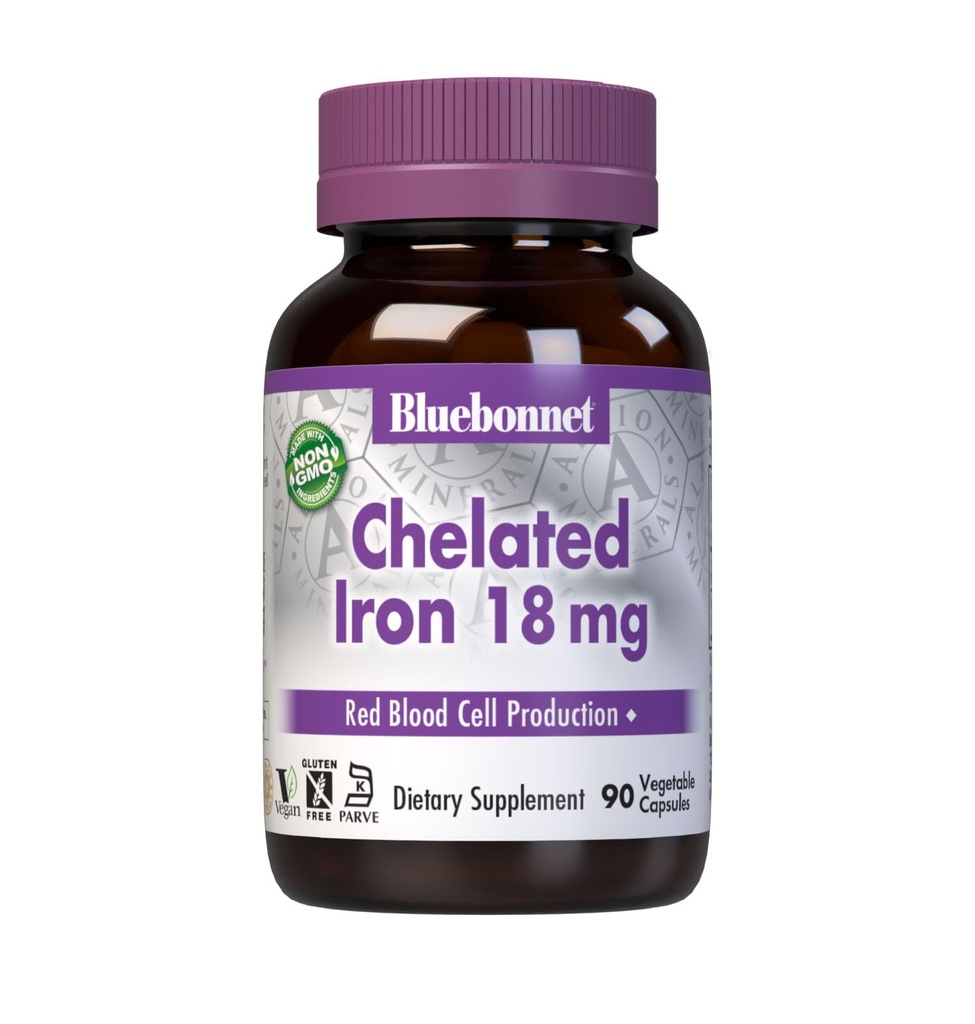Bluebonnet Nutritie Chelated Iron 18 mg - non-concludent de fier - Soy-Free, Gluten-Free, non-GMO, Kosher Certified, Dairy-Free, Vegan - 90 Capsule vegetale, 90 Servings
