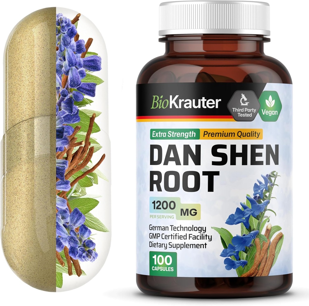 BIO KRAUTER Dan Shen Capsule Root - 1200 mg Putere - 100 Red Sage Caps - Antioxidant Sursa - Salvia Miltiorrhiza Root - Vegan