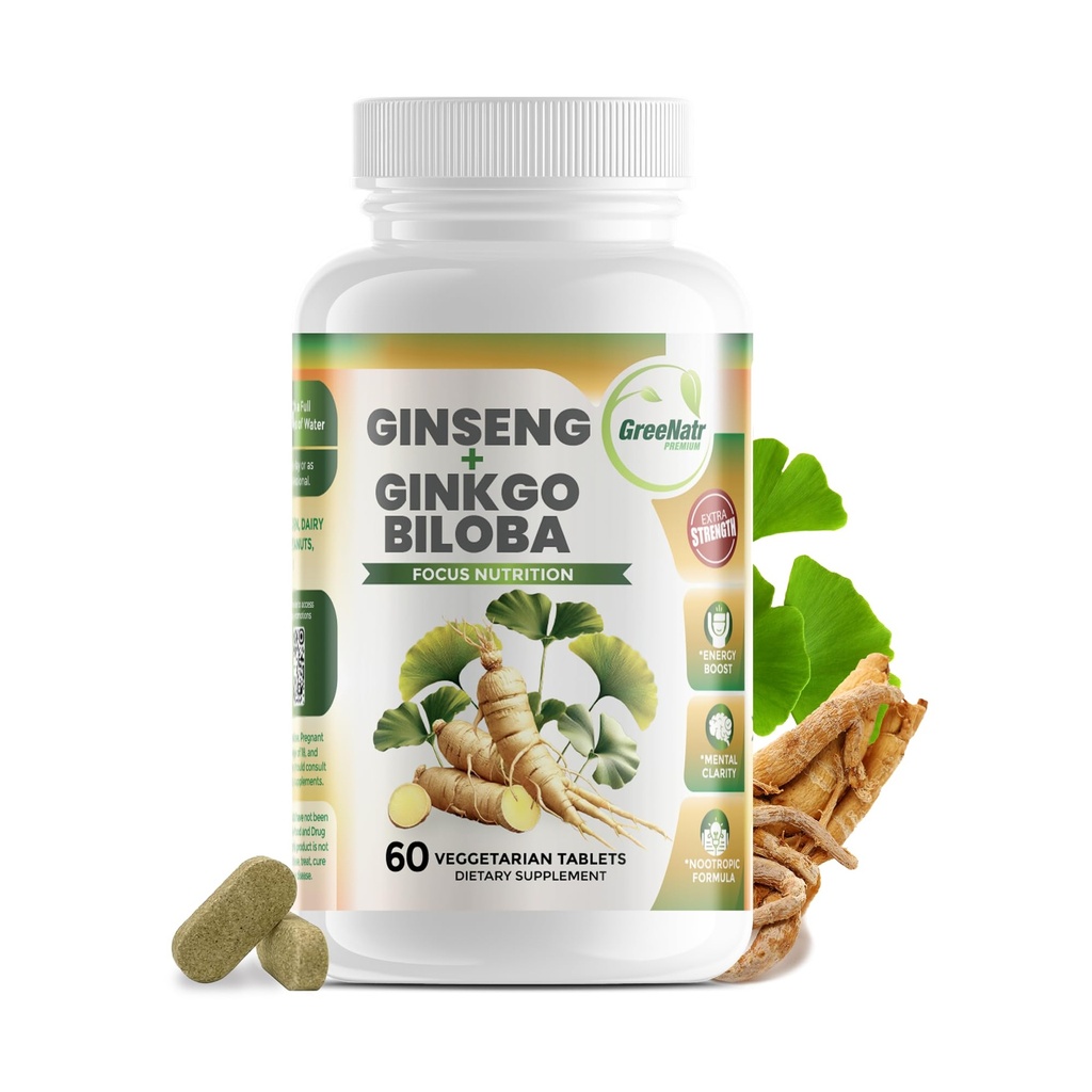 GreeNatr Ginko Biloba & Panax Ginseng Supliment - Red Ginseng Creier Supliment pentru memorie și concentrare - Ginkgo Biloba Suplimente pentru o bună viziune, sistem imunitar și îmbunătățirea fluxului sanguin - 60 comprimate