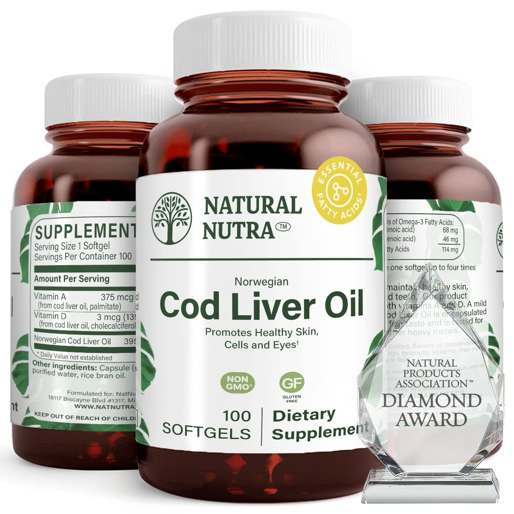 Natural Nutra Norvegian Cod Ulei de ficat Supliment, Ajuta la mentinerea pielii, ajuta la mentinerea densitatii corpului, sanatatea ochilor si functia nervoasa, Promoveaza sanatatea dentara, sustine sanatatea cardiovasculara, 100 Softgels
