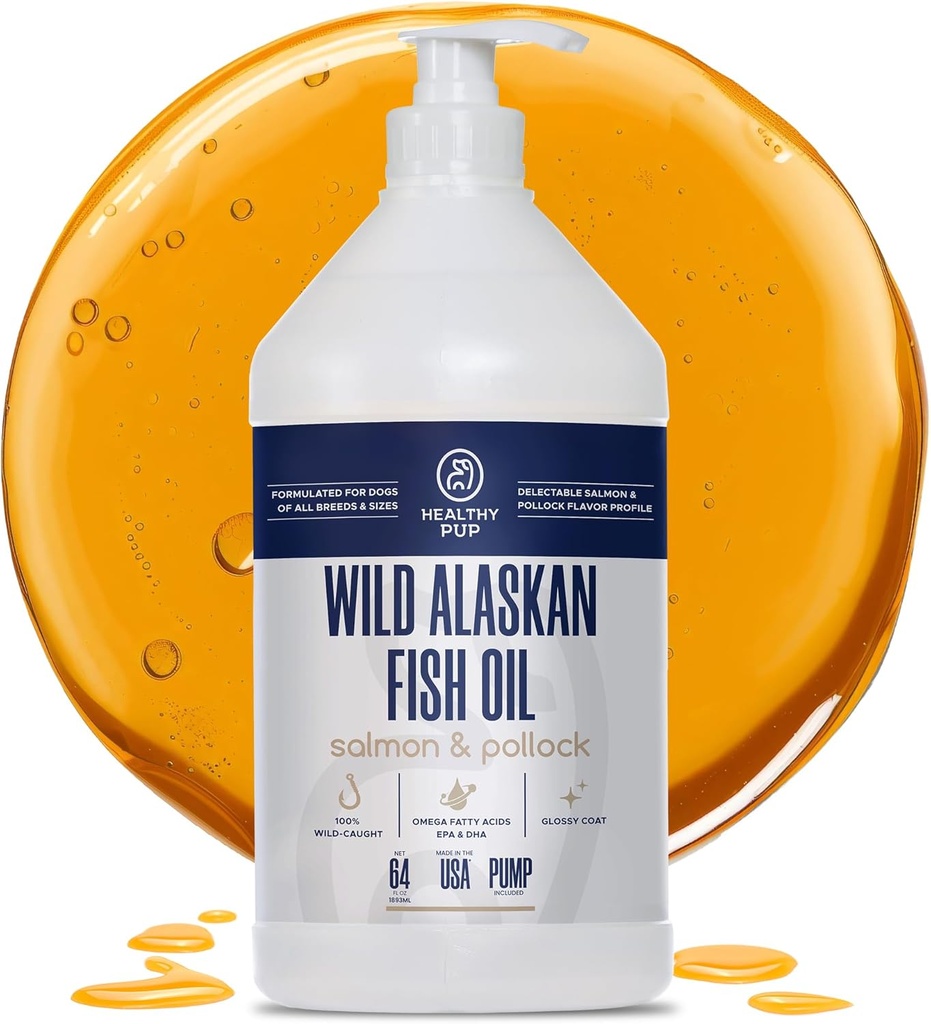 Ulei de somon sălbatic Alaskan pentru câini cu Pollock - 64 oz de Pollock și ulei de somon, Omega 3, EPA, și DHA - câini piele și haina Supliment - Made in USA