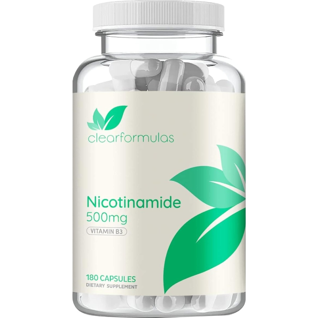 Vitamina B3 Nicotinamida 500 mg - forma de absorbţie ridicată a vitaminei B3 Niacin Flush Free for Hear Skin Brain and Energy Support - NAD Precursor - Made in a cGMP American Facility (180 Servings)