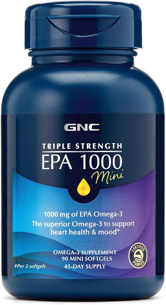 GNC Triple Putere de pește Ulei de pește EPA 1000 Mini, 1000 mg Omega 3, Mini Softgels, Suporturi Ochi, Creier, Piele, Trigliceride sanatoase, Inima, comun, acoperite pentru a controla Burp-uri de pește, 45 Serviri
