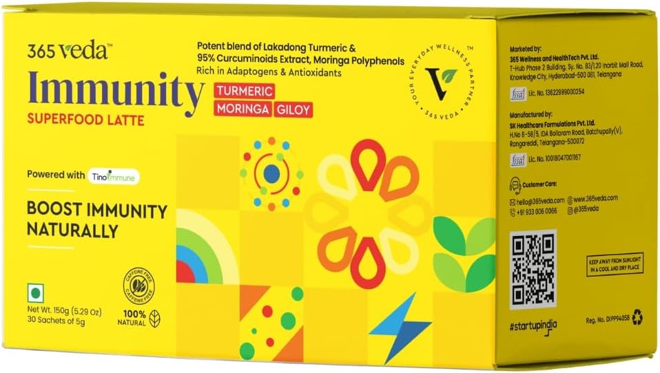 Imunity Boost Latte cu Moringa & Giloy, Turmeric, 100% ingrediente naturale, poate imbunatateste digestia, gluten gratuit pe-Go Sachete (30 Conte)