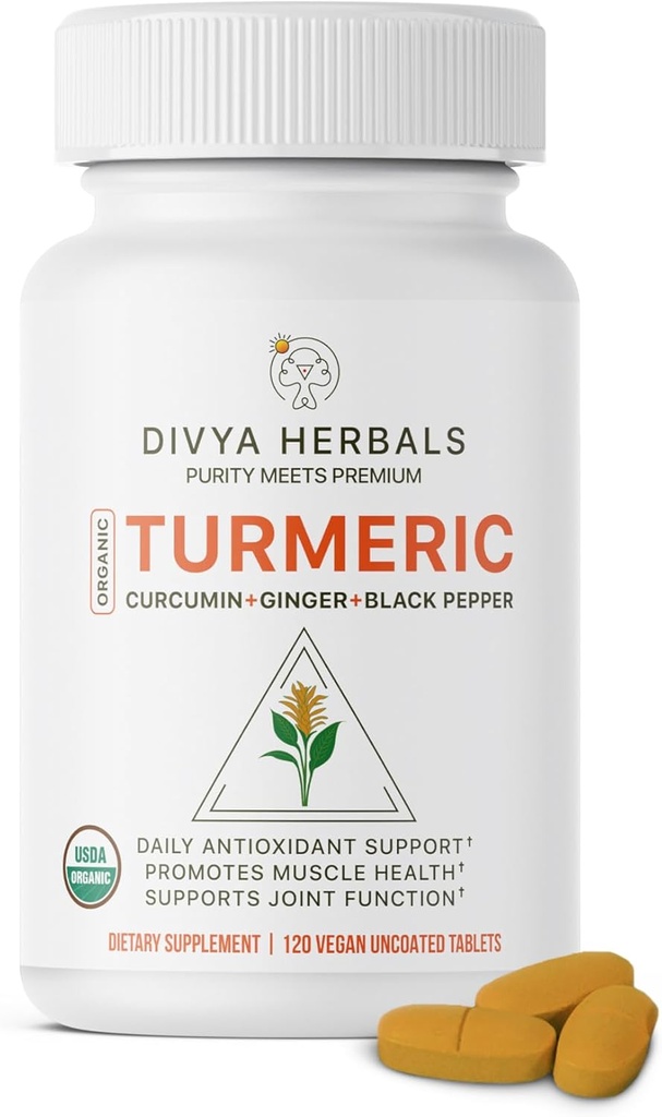 Turmeric organic & Ginger + Pepper negru - 100% Rădăcini întregi pure, neprelucrate, Uncoated, Ayurvedic Blend autentic - Suportă sănătatea comună și imunitatea 120 Vegan Tabs
