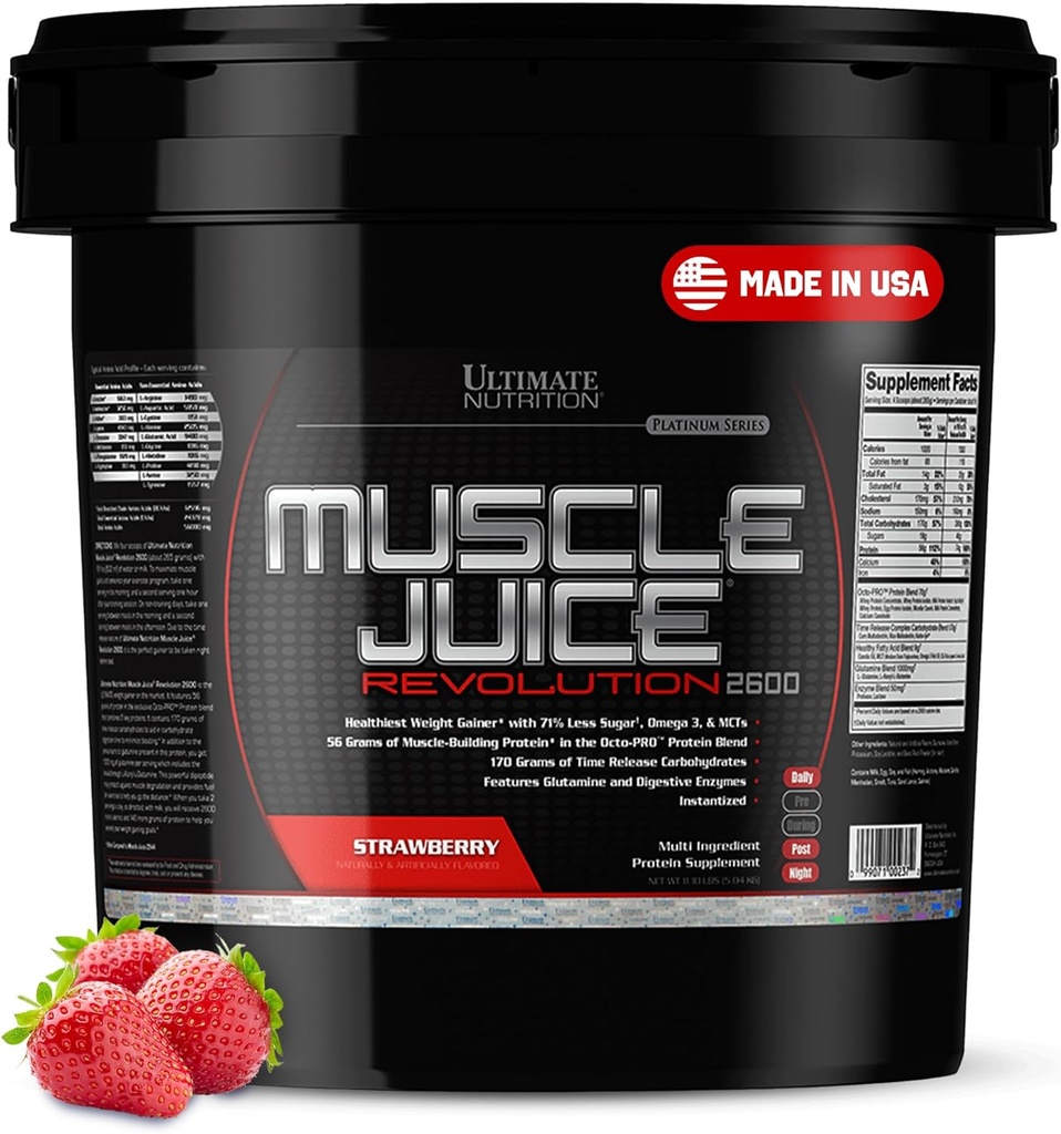 Ultimate Nutriție musculare Juice 2600 Revoluție, Greutate Gain Drink Mix - Mass Gainer Antrenament pulbere Supliment pentru Lean musculare creștere și recuperare cu 56g proteine Blend - căpșuni, 11.105lb