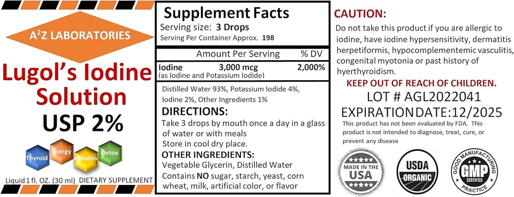 A2Z Iod organic Lugol și iod de potasiu 2% Soluție 3000 mcg - Picături suplimentare lichid pentru suport tiroidian pentru femei și bărbați, metabolice de sănătate, Boost dezintoxicare -1 Fl Oz/Made în Statele Unite ale Americii/Aceeași navă de zi