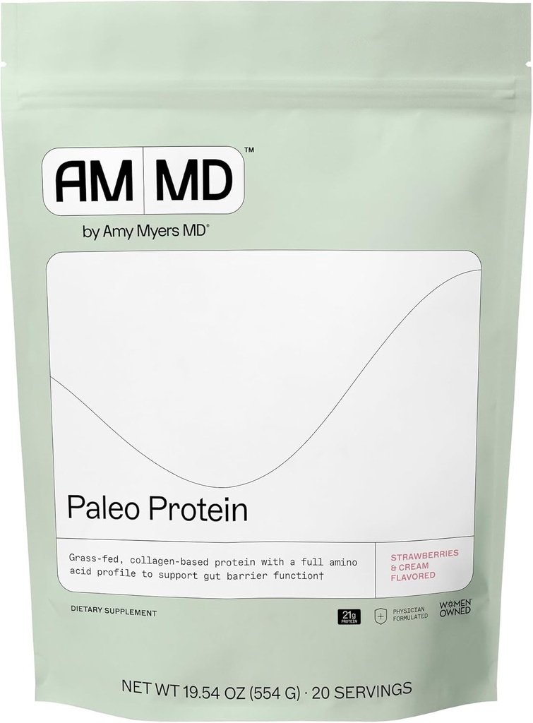 Amy Myers MD Pudră de proteine Paleo - Căpșuni și frișcă, 20 Serviri - Suport funcțional Colagen-Based Gut - Supliment de proteine gluten-liber și non-Dairy