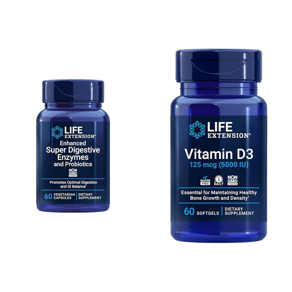 Extensie de viaţă 60-Număr Enzime digestive Super & 5000 UI Vitamina D3 Capsule pentru digestia, os, creier, Immune Health