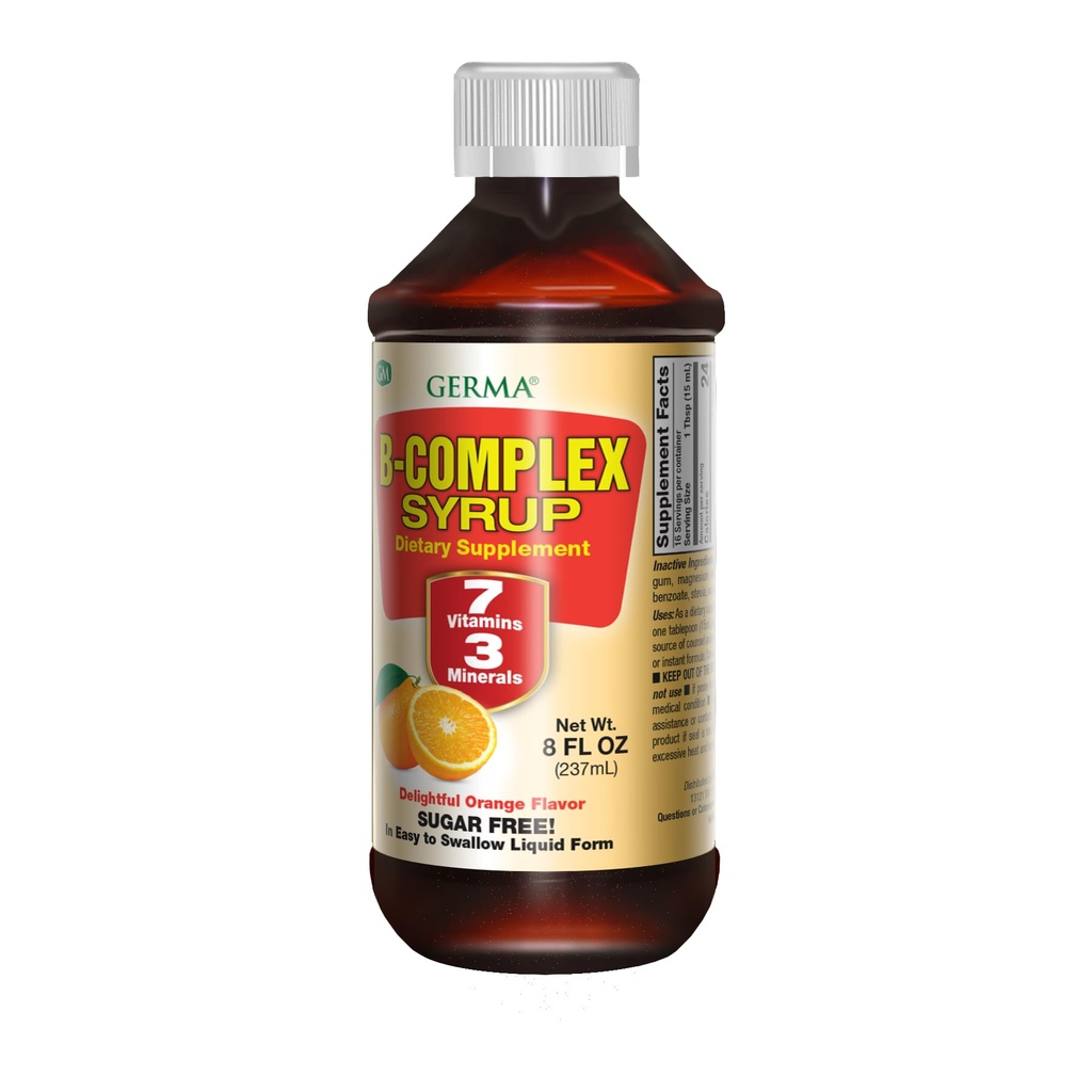 Germa B-Complex Syrup. Supliment alimentar. Sănătate osoasă, creștere și dezvoltare Ajutor. Zahăr gratuit. Orange Flavor. 8 oz