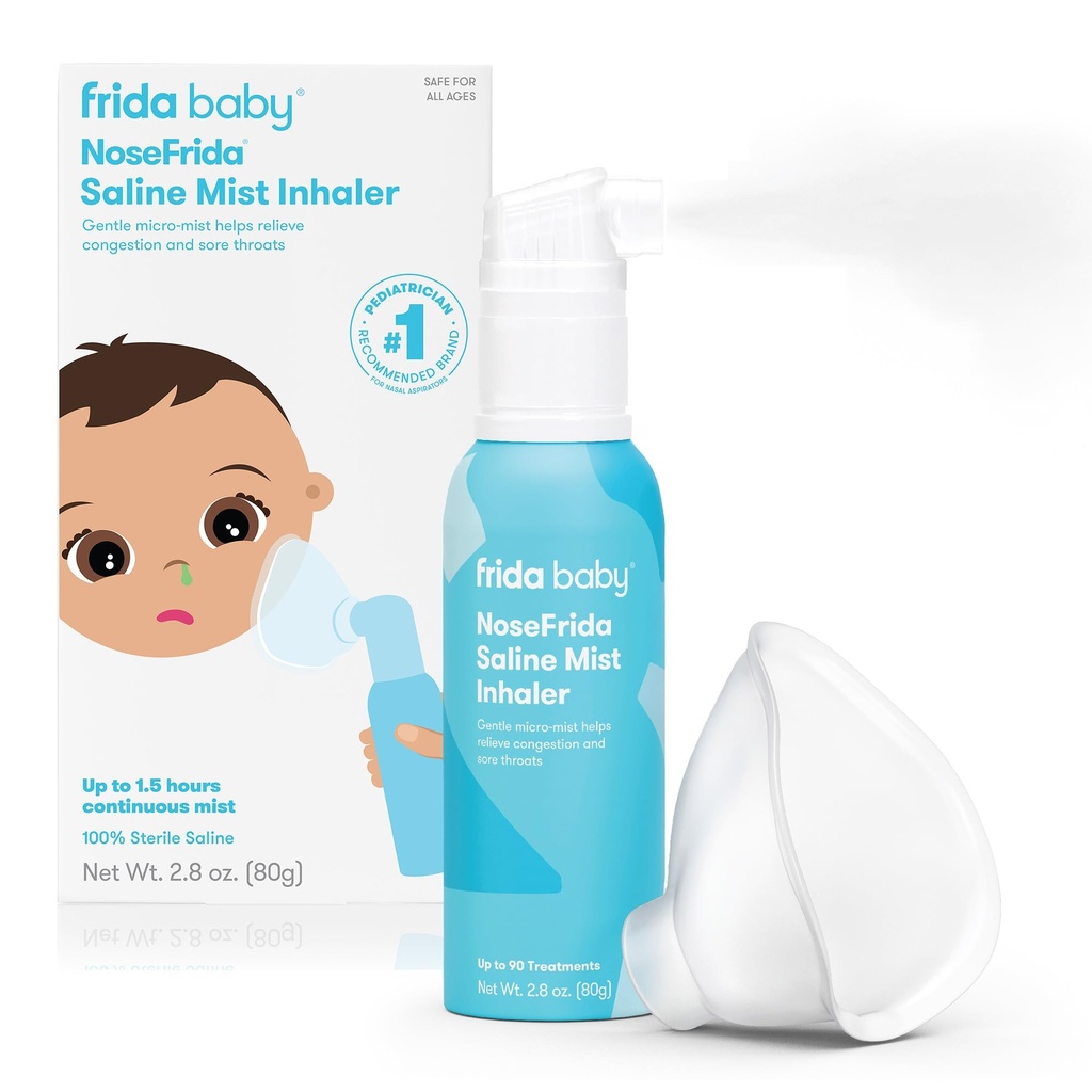 Frida Baby NoseFrida Saline Mist Nasal Inhaler, Spray decongestant pentru congestie și alergie ajutor pentru copii + copii, Nasal Saline Spray, Soothes Stuffy Nase & Sore Throat, Include Masca