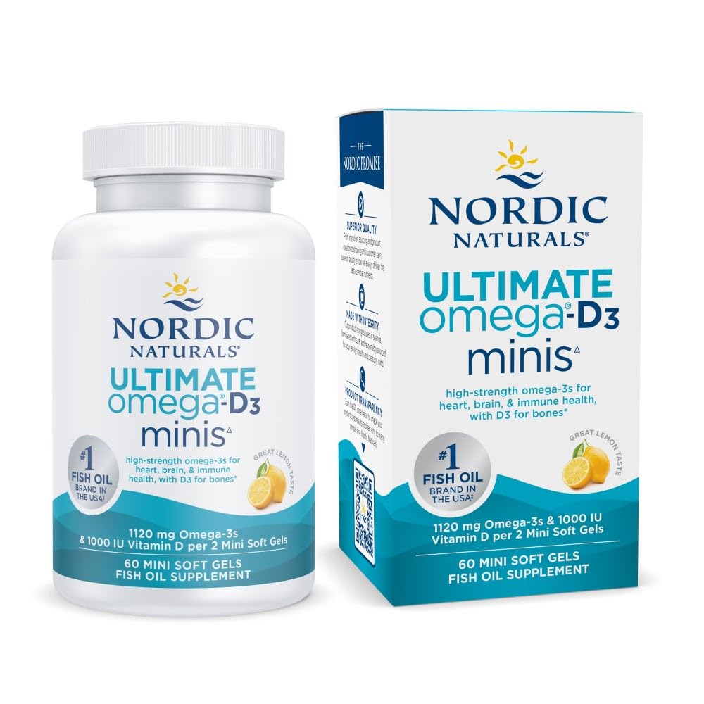 Naturale nordice Omega Mini D3, Aroma de lamaie - 60 Mini Geluri Soft - 1120 mg Omega-3 + 1000 UI Vitamina D3 - EPA & DHA - Promoveaza sanatatea creierului si a inimii - 30 Serviri