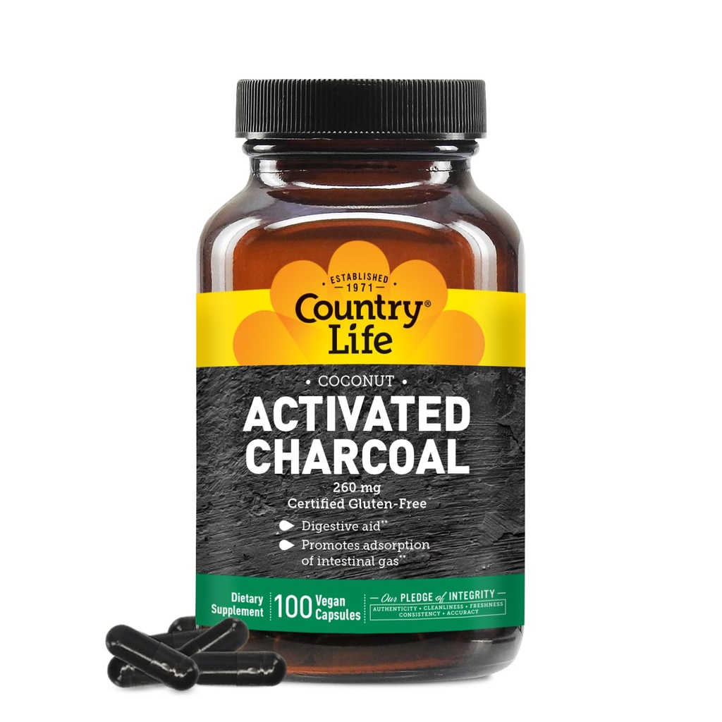 Country Life Nucă de cocos Capsule Charcoal activate, 260 mg 