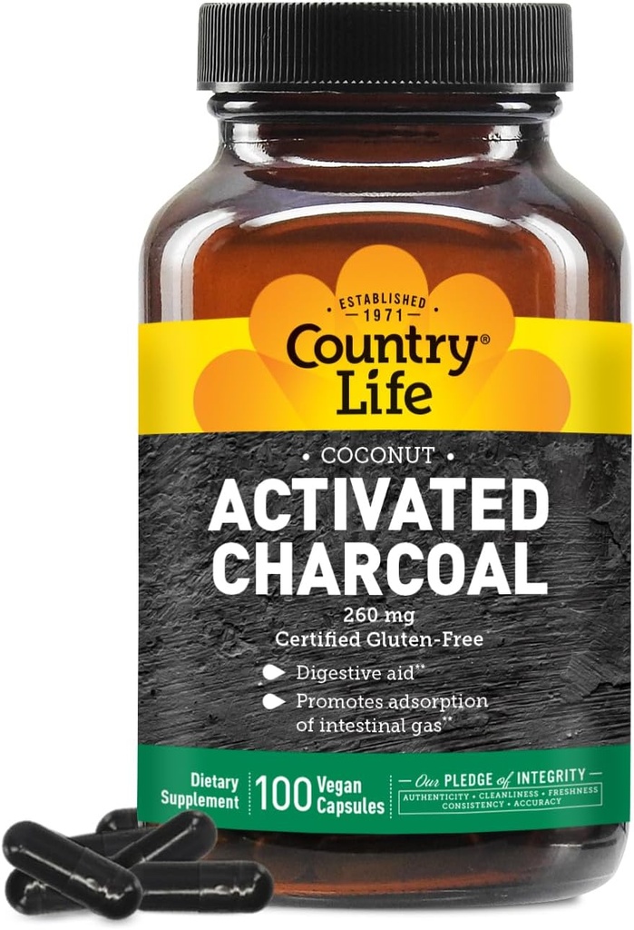 Country Life Nucă de cocos Capsule Charcoal activate, 260 mg 
