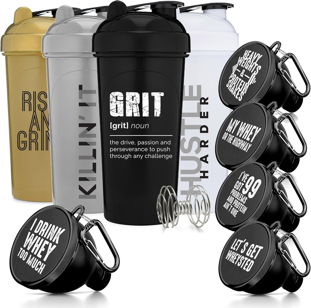 GOMOYO Fitness Bundle - 4 Pack Shaker Sticle cu Agitator + 5-Pack Proteine Funnels cu Carabiner, BPA-Free & Dishwaster Safe