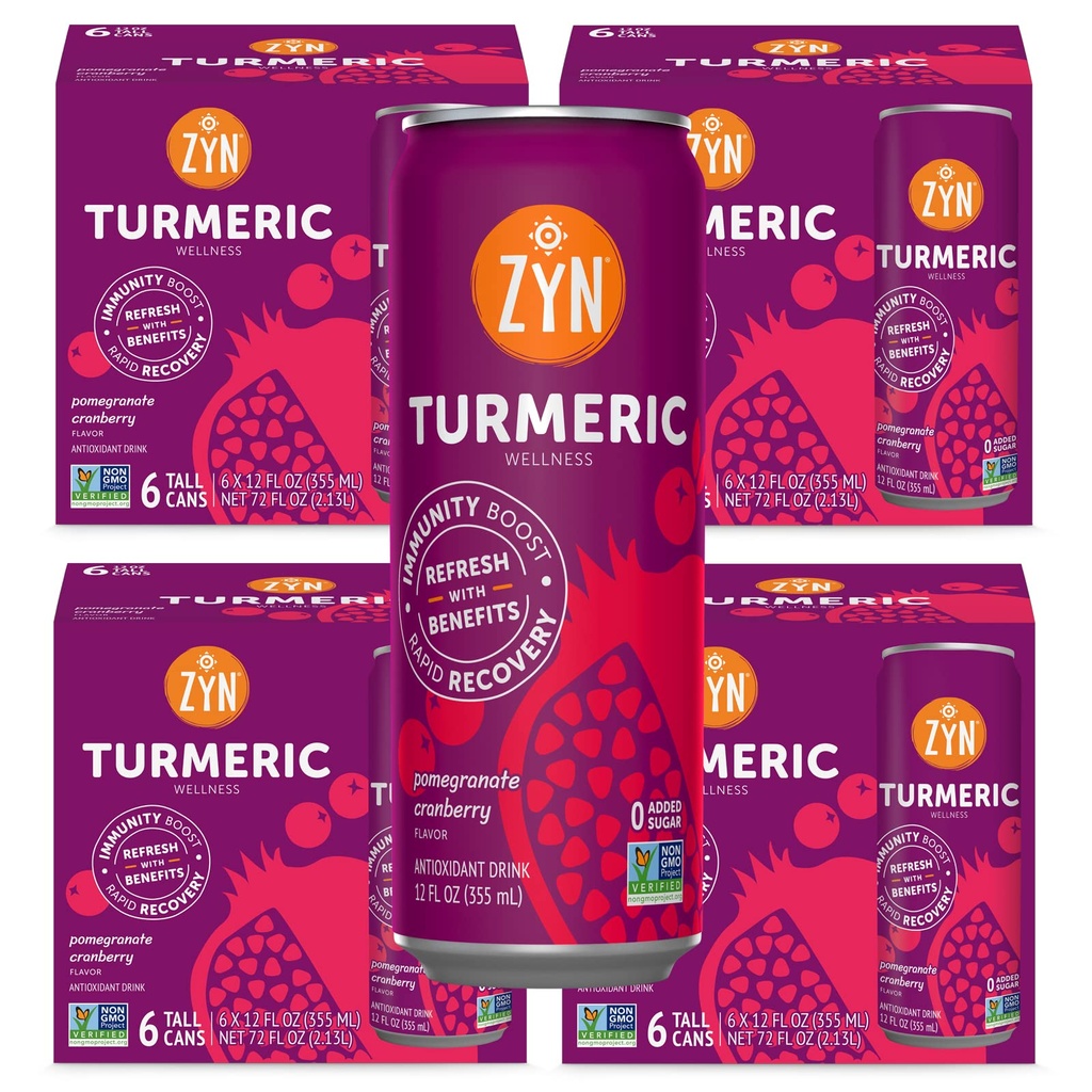 ZYN Turmeric Wellness Drink (24 Pack), rodie Cranberry aroma Turmeric Curcumin băutură cu piper negru, fără adaos de zahăr, carbohidrați scăzut și băuturi calorii, alternativa curată
