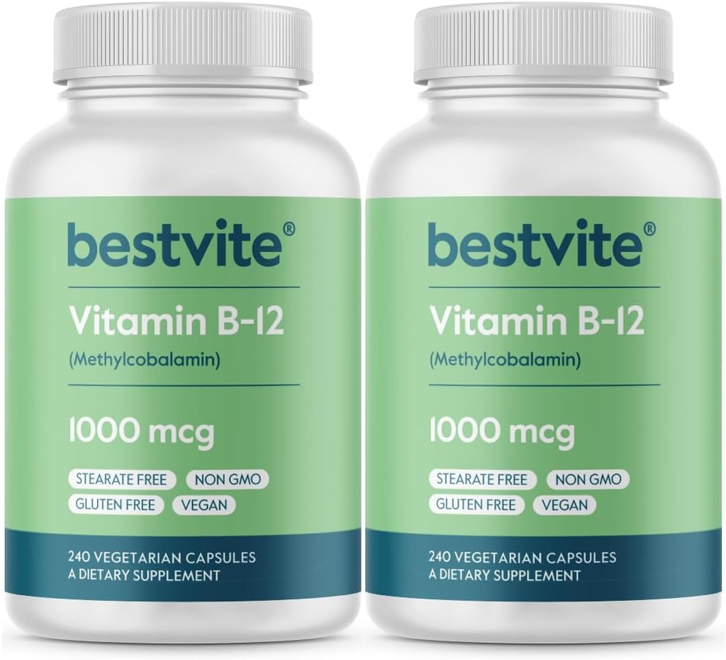 BESTVITE Vitamina B12 (Metilcobalamină) 1000mcg (480 capsule vegetariene)(2 x 240) (metil B12) - No Stearates - Vegan - Non OMG - Gluten Free
